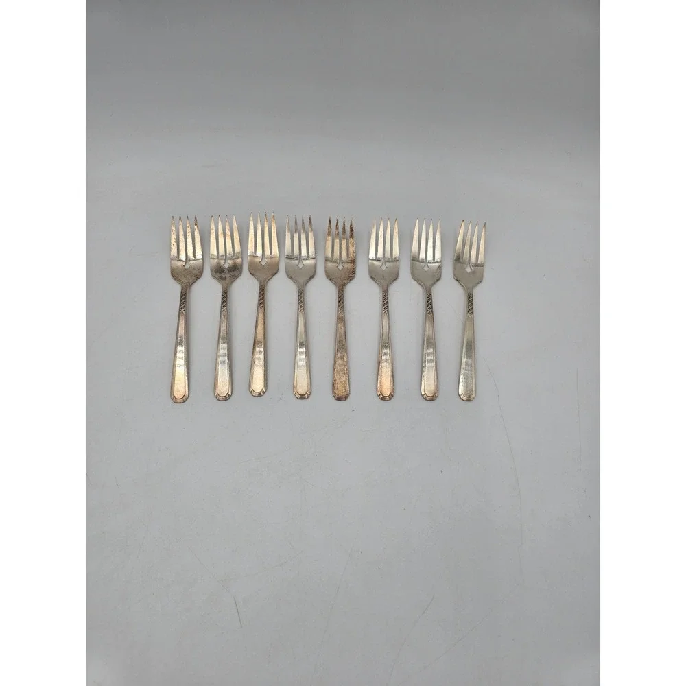 8 Simeon L & George H Rogers Co Silverplate Seafood Forks 1930s Carnival Pattern
